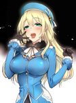  :p aqua_eyes atago_(kantai_collection) bad_id bad_twitter_id beret black_gloves blonde_hair blush breasts gloves hand_to_own_mouth hat kantai_collection large_breasts long_hair mikurou_(nayuta) open_mouth oral_invitation sexually_suggestive solo tongue tongue_out 