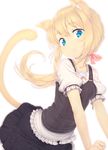  animal_ears blonde_hair blue_eyes blush cat_ears cat_tail fang looking_at_viewer open_mouth original ponytail short_sleeves simple_background skirt solo tail white_background zizi_(zz22) 