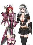  2girls armor artist_request belt breasts capcom cleavage female flora_(monster_hunter) green_eyes md5_mismatch meran_(armor) monster_hunter monster_hunter_frontier multiple_girls natasha_(monster_hunter) purple_eyes red_hair resized rioduo_(armor) silver_hair skirt 