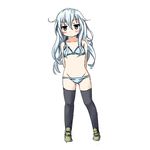  arms_behind_back blue_bra blue_panties bra darkside hibiki_(kantai_collection) kantai_collection long_hair looking_at_viewer mouth_hold navel no_hat no_headwear panties silver_eyes silver_hair solo underwear underwear_only 