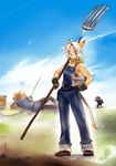  :&lt; animal_ears blue_eyes carrying day doraeshi eighth_note final_fantasy final_fantasy_xi fishing fishing_rod gloves goblin_(final_fantasy) hat highres mithra musical_note neckerchief no_shirt overalls pitchfork short_hair sky straw_hat tail white_hair 