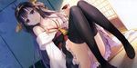  absurdres an2a black_legwear braid breasts brown_hair cleavage cup detached_sleeves frilled_skirt frills hair_ornament hairband head_tilt highres holding japanese_clothes kantai_collection kongou_(kantai_collection) long_hair looking_at_viewer medium_breasts no_shoes obi off_shoulder panties pantyshot pantyshot_(sitting) parted_lips ribbon-trimmed_sleeves ribbon_trim sakazuki sash scan sitting skirt solo tatami thighhighs underwear white_panties 
