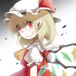  ascot constricted_pupils flandre_scarlet hat injury lotosu mob_cap pointy_ears red_eyes short_hair side_ponytail solo touhou wings 