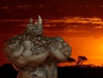  big_muscles chemicalwolf collaboration crossed_arms dodoki green_eyes grey_skin horn male mammal muscles pose rhinoceros solo standing sunset tattoo toned topless tribal vein 