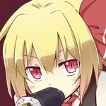  black_dress blonde_hair blush dress face fang food hair_ribbon looking_at_viewer makizushi mouth_hold red_eyes ribbon rumia solo sushi touhou upper_body yutamaro 