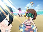  2girls ? annoyed beach blush brown_hair clenched_teeth day diving_mask diving_mask_on_eyes glowing innertube kill_la_kill mankanshoku_mako matoi_ryuuko mikisugi_aikurou multiple_girls one-piece_swimsuit outdoors shinonoko_(tubamecider) short_hair snorkel snorkel_in_mouth swimsuit teeth water 