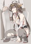  1girl admiral_(kantai_collection) ahoge bdsm breasts brown_hair chair collar commentary_request damaged hand_on_another's_head heart heart-shaped_lock heart-shaped_pupils heart_lock_(kantai_collection) jpeg_artifacts kantai_collection kongou_(kantai_collection) large_breasts leash lock mouth_hold ningen_(ningen96) nipples nontraditional_miko pussy_juice sitting squatting sweat symbol-shaped_pupils thighhighs torn_clothes torn_legwear zipper 