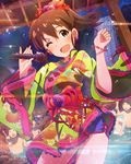  ;d audience blue_eyes blush bow bracelet brown_hair earrings hair_bow idolmaster idolmaster_million_live! japanese_clothes jewelry kimono looking_at_viewer microphone official_art one_eye_closed open_mouth ponytail satake_minako smile water waterfall 