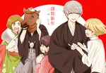  3boys bad_id bad_pixiv_id blonde_hair brown_eyes brown_hair closed_eyes doujima_nanako grey_hair hanamura_yousuke horse_mask japanese_clothes kuma_(persona_4) multiple_boys multiple_girls narukami_yuu open_mouth persona persona_4 satonaka_chie short_hair skllp twintails 