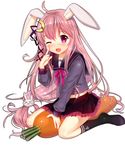  &gt;_&lt; :3 ;d ahoge animal_ears bad_id bad_pixiv_id blush bunny_ears bunny_hair_ornament carrot closed_eyes cnm crescent crescent_hair_ornament finger_to_cheek hair_ornament kantai_collection kemonomimi_mode long_hair looking_at_viewer one_eye_closed open_mouth pink_hair red_eyes school_uniform serafuku simple_background skirt smile solo uzuki_(kantai_collection) very_long_hair white_background 