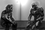  bad_id bad_pixiv_id beard big_boss cyborg eyepatch facial_hair gloves greyscale male_focus mask metal_gear_(series) metal_gear_solid:_ground_zeroes monochrome multiple_boys mustache raiden science_fiction shikitti sitting sneaking_suit time_paradox 