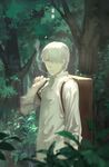 backpack bag cigarette copyright_name cotta dress_shirt ginko green_eyes hair_over_one_eye highres looking_at_viewer male_focus mushishi outdoors plant shirt sleeves_rolled_up smoke smoking solo tree white_hair white_shirt 