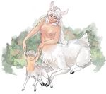  1girl aaron_sanchez animal_ears blue_eyes breasts centauroid child deer happy horse_ears long_hair monster_girl mother_and_son nipples nude original smile white_hair 