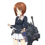  anglerfish bad_id bad_pixiv_id blush brown_eyes brown_hair cannon commentary emblem girls_und_panzer jacket kantai_collection long_sleeves mecha_musume military military_uniform miniskirt needle_(needlebomb) nishizumi_miho ooarai_(emblem) ooarai_military_uniform panzerkampfwagen_iv_(personification) pleated_skirt short_hair skirt solo standing turret uniform white_skirt 