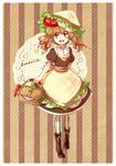  1girl basket boots bread brown_hair dress egg food food_on_head food_themed_clothes hair_ribbon lettuce object_on_head open_mouth original personification red_eyes ribbon sandwich short_twintails smile solo tomato twintails 