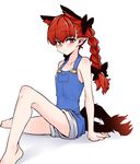  animal_ears arm_support bad_id bad_pixiv_id bow braid cat_ears extra_ears hair_bow kaenbyou_rin long_hair looking_at_viewer mizuga multiple_tails naked_overalls overalls pants pants_rolled_up red_eyes red_hair simple_background sitting solo suspenders tail touhou twin_braids white_background 