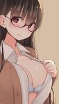  bad_id bad_pixiv_id black_hair blush bra breasts cardigan cleavage collarbone dress_shirt fureraji glasses large_breasts long_hair mole mole_on_breast nekoume open_cardigan open_clothes open_shirt original purple_eyes shirt simple_background sketch smile solo unbuttoned underwear white_bra 