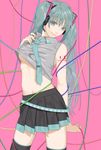  bad_id bad_pixiv_id cable green_eyes green_hair hatsune_miku headset highres kosagi_midori long_hair navel necktie pink_background skirt smile solo thighhighs twintails vocaloid 