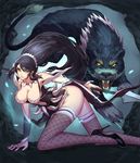  animal bare_shoulders black_hair breasts citemer cleavage cougar_(animal) dual_persona fishnet_legwear fishnets french_maid_nidalee highres kneeling large_breasts league_of_legends long_hair long_legs looking_at_viewer maid maid_headdress nidalee polearm ponytail spear thighhighs weapon yellow_eyes 