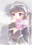  arm_belt black_hair blush breath coat cold grey_background hair_ribbon highres hime_cut jacket long_hair pink_ribbon pink_scarf purple_eyes ribbon scarf scarf_over_mouth senki_zesshou_symphogear sleeves_past_wrists solo tsukuyomi_shirabe twintails unyon upper_body winter winter_clothes winter_coat 