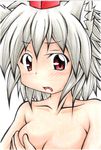  animal_ears blush breasts covering covering_breasts embarrassed fang hat highres inte_(whitewolftail) inubashiri_momiji looking_at_viewer medium_breasts red_eyes short_hair silver_hair simple_background solo tokin_hat topless touhou white_background wolf_ears 