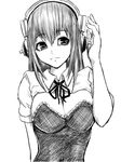  bad_id bad_pixiv_id breasts cleavage greyscale headphones highres large_breasts long_hair looking_at_viewer monochrome myon5 nitroplus smile solo super_sonico 