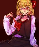  ;) ascot bakuya blonde_hair blood blood_in_mouth blouse collarbone evil_grin evil_smile grin hair_ornament highres long_sleeves one_eye_closed red_eyes rumia sharp_teeth simple_background sitting sketch skirt smile solo teeth touhou vest 