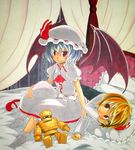  :o bat_wings bed blonde_hair blouse canopy_bed dress hair_ribbon hat jagabutter lavender_hair lying mary_janes mob_cap multiple_girls on_bed on_side pillow red_eyes remilia_scarlet ribbon rumia shoes short_hair sitting sitting_on_bed smile touhou vest wings 
