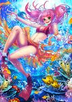  bikini bubble coga coral diving fish flippers freediving green_eyes happy holding_breath long_hair octopus open_mouth pink_hair sarong solo swimsuit twintails umi_monogatari underwater urin_(umi_monogatari) 