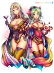  anniversary bandana blonde_hair blue_eyes bottle bouquet breasts cape celes_chere cleavage copyright_name cup drinking_glass final_fantasy final_fantasy_vi flower green_eyes green_hair jewelry kara_(color) large_breasts moogle multiple_girls necklace ring shoulder_armor spaulders thighhighs thighs tina_branford wine_bottle wine_glass 