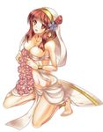  anklet barefoot bracelet breasts choker dancer flower flower_necklace hair_flower hair_ornament harem_outfit highres jewelry kneeling large_breasts magi_the_labyrinth_of_magic midriff morgiana navel necklace red_eyes red_hair solo veil 