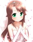  antenna_hair bare_shoulders blush bow bridal_veil bride brown_hair collarbone dress elbow_gloves faubynet frills gloves green_eyes hands_clasped highres interlocked_fingers koshigaya_komari long_hair looking_at_viewer md5_mismatch non_non_biyori own_hands_together petals smile solo tiara upper_body veil wedding_dress white_dress white_gloves 