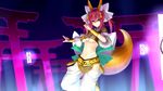 alternate_costume amaterasu_(fate) animal_ears bow breasts cleavage detached_sleeves fate/extra fate_(series) fox_ears fox_tail hair_bow hair_ribbon kotera_ryou medium_breasts pink_hair ribbon solo tail tamamo_(fate)_(all) tamamo_no_mae_(fate) thighhighs torii twintails underboob yellow_eyes 