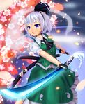  absurdres black_hairband blue_eyes cherry_blossoms dual_wielding ghost hair_ribbon hairband highres holding katana konpaku_youmu konpaku_youmu_(ghost) petals ribbon shiron_(e1na1e2lu2ne3ru3) short_hair silver_hair skirt solo sword touhou weapon 