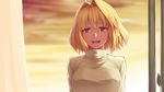  arcueid_brunestud blonde_hair breasts curtains kotera_ryou medium_breasts open_mouth red_eyes short_hair smile solo sweater tsukihime turtleneck upper_body 