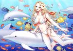  air_bubble bad_id bad_pixiv_id barefoot bikini blonde_hair blue_eyes blush breath bubble butterflyfish diving dolphin fish flock flower freediving hair_flower hair_ornament happy hibiscus highres holding_breath jellyfish long_hair mari_(cloudnine) ocean open_mouth original solo swimming swimsuit underwater water wavy_hair white_bikini 