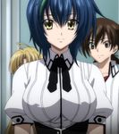  blue_hair breasts high_school_dxd highres large_breasts school_uniform screencap short_hair smile standing stitched xenovia_(high_school_dxd) yellow_eyes 