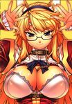  1girl absurdres animal_ears arms_up blonde_hair blue_eyes blush breasts cat_ears cleavage collar freezing_(series) glasses highres large_breasts long_hair looking_at_viewer satellizer_el_bridget simple_background smile solo soo-hyon_lee standing yellow_background 