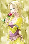  aqua_eyes blonde_hair celes_chere cross-laced_clothes da-vesita final_fantasy final_fantasy_vi flower gem green green_background holding long_hair long_sleeves puffy_long_sleeves puffy_sleeves red_flower red_rose rose solo traditional_media watercolor_(medium) 