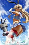  :o ass bare_shoulders blonde_hair blue_eyes breasts elbow_gloves eu03 gloves kantai_collection long_hair panties rensouhou-chan shimakaze_(kantai_collection) skirt small_breasts solo splashing striped striped_legwear thighhighs thighs thong underwear water 