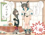  breasts brown_hair cleavage commentary cosplay costume_switch dressing elbow_gloves flat_chest food fruit gloves hanging_scroll headgear indoors kantai_collection kettle kodama_(wa-ka-me) kotatsu mandarin_orange multiple_girls nagato_(kantai_collection) oversized_clothes panties scroll size_difference table thighhighs tissue_box torn_clothes translated undersized_clothes underwear yukikaze_(kantai_collection) 