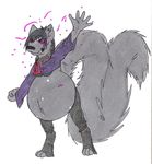  2dumb2die anthro belly big_belly big_tail black_fur black_hair breasts buckle canine cloth clothed clothing collar crop_top ear_piercing enderman female fluffy_tail fox fur grey_fur hair inflation lunie_enderfield mammal navel particle piercing plain_background purple_eyes smile standing under_boob waving white_background 