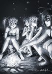  anklet armlet bad_id bad_pixiv_id barefoot bikini_top blush bracelet campfire circlet feet highres jewelry kouson33 loincloth monochrome multiple_girls necklace night original ponytail ring sitting toe_ring tribal 