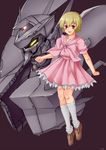  blonde_hair bow full_body himukai_asuza mecha metal_slader_glory pink_skirt purple_background red_eyes shoes short_hair skirt smile socks solo vuccha 