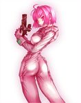  ass bodysuit catty_vitlay gloves gun highres looking_back metal_slader_glory pink_eyes pink_hair serious short_hair solo trigger_discipline weapon white_background yoshimiru_(mcberry's) 