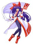  :d black_legwear blue_eyes bow full_body hair_bow hairband highres kageyama_shinobi long_hair nakoruru open_mouth pants purple_hair red_bow samurai_spirits shoes smile solo tight tight_pants very_long_hair white_background wrist_cuffs 