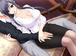  1boy 1girl black_hair blue_eyes breasts cleavage collarbone game_cg grey_eyes hiiragi_ayako komori_kei large_breasts mizuno_takahiro shirt skirt walkure_romanze walkure_romanze_more_&amp;_more 