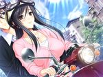  1boy 1girl black_hair blue_eyes blush game_cg goggles googles grey_eyes helmet hiiragi_ayako jewelry komori_kei mizuno_takahiro motor_vehicle motorcycle necklace smile vehicle walkure_romanze walkure_romanze_more_&amp;_more 