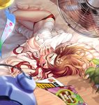  alarm_clock anger_vein annoyed barefoot blurry breasts brown_hair cleavage clock depth_of_field fan highres lying medium_breasts navel no_bra on_side one_eye_closed open_clothes open_shirt original panties purple_eyes red_panties shirt solo underwear upside-down wind_chime yomi_yasou 