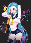  1girl bag blue_hair hairline jinx_(league_of_legends) kss league_of_legends lipstick long_hair makeup pink_hair school_uniform thighhighs 